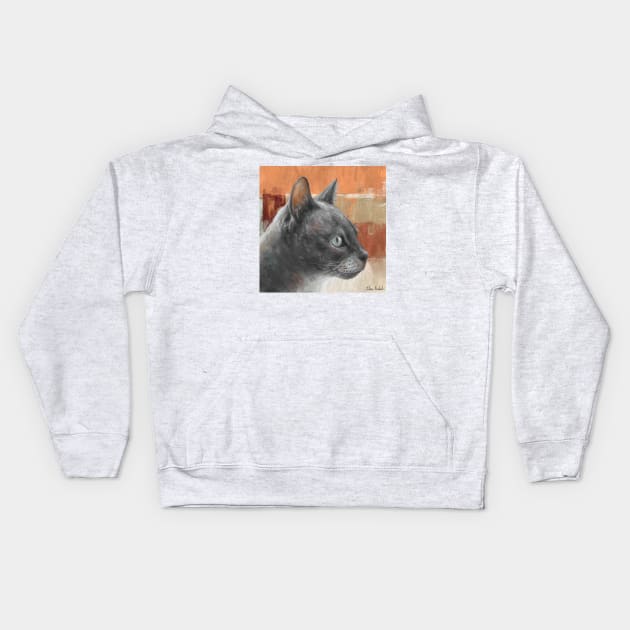 Painting of a Grey Cat with Teal Colored Eyes, in Retro Orange Background. Kids Hoodie by ibadishi
